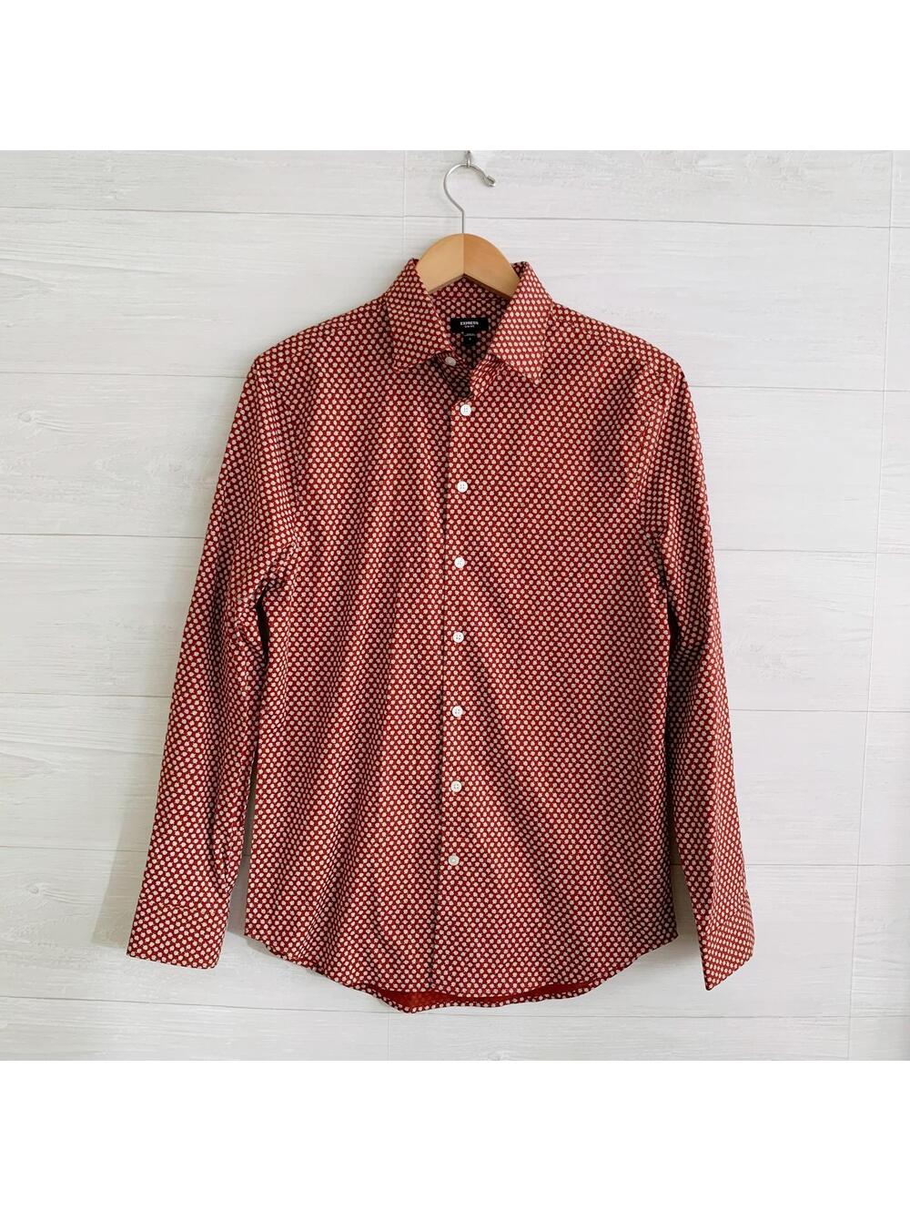 NWT Express 1MX Slim Fit Rust Brown Leaf Print Stretch Dress Shirt Mens S